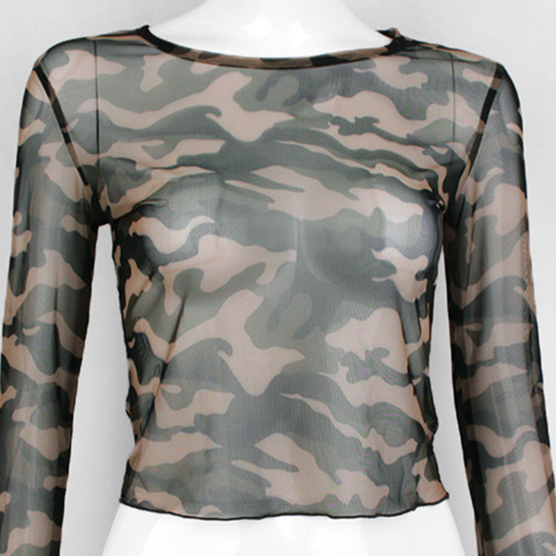 Women's Camouflage Mesh Long Sleeve T-Shirt Trendy Streetwear