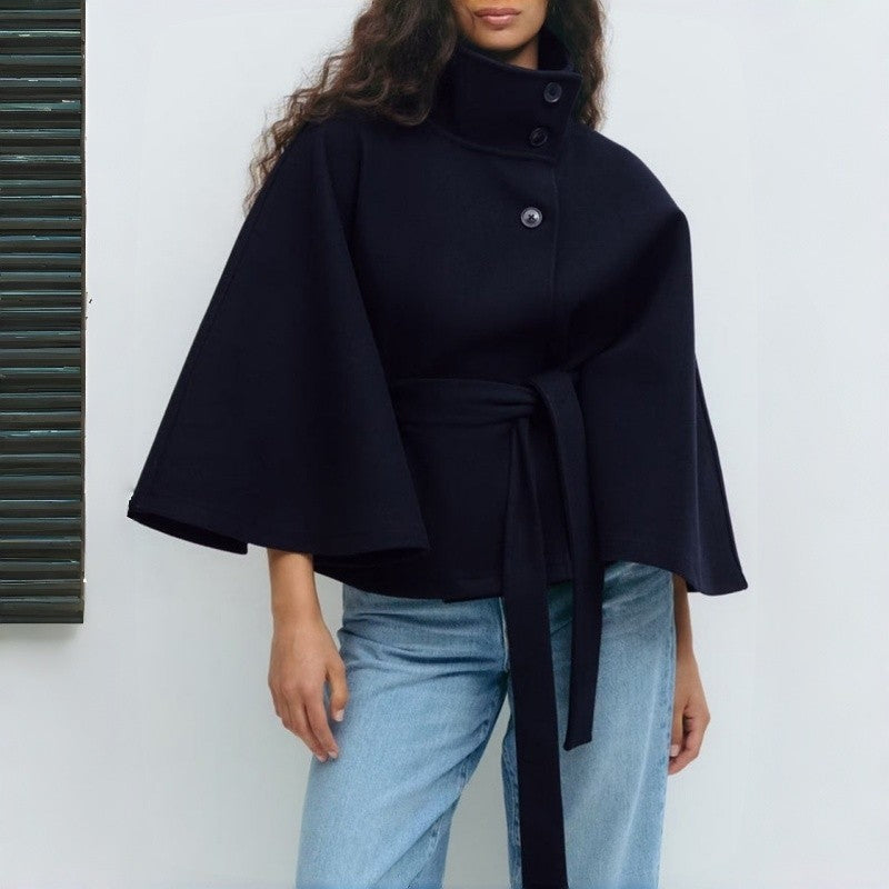 Stand Collar Button Belt Trench Coat Polyester