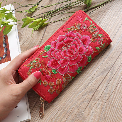 Ethnic Style Purse Single Female Handbag Embroidered Roses Large-Capacity Card Bag With Mobile Phone Bag