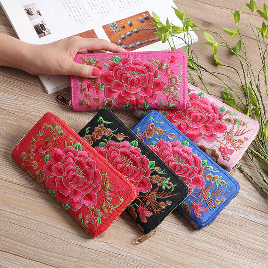 Ethnic Style Purse Single Female Handbag Embroidered Roses Large-Capacity Card Bag With Mobile Phone Bag