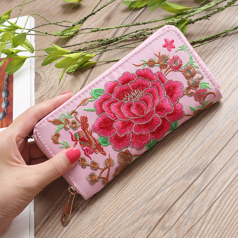 Ethnic Style Purse Single Female Handbag Embroidered Roses Large-Capacity Card Bag With Mobile Phone Bag