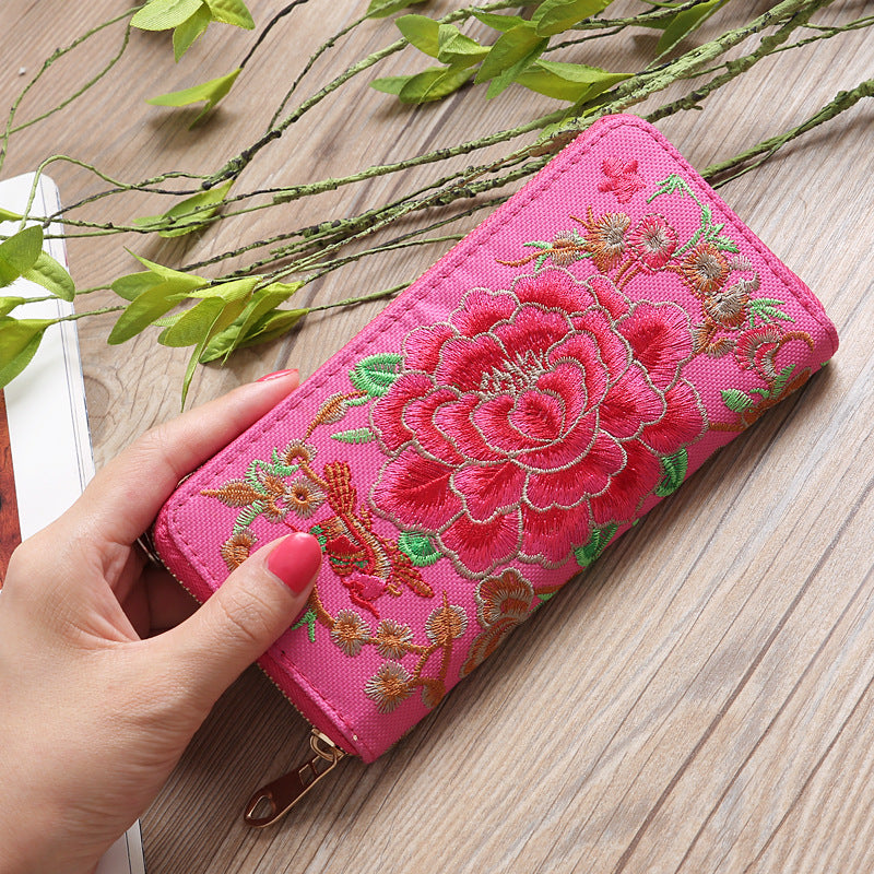 Ethnic Style Purse Single Female Handbag Embroidered Roses Large-Capacity Card Bag With Mobile Phone Bag