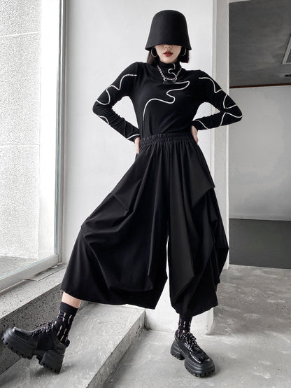 Fashion Irregularity Wide Leg Solid Color Elastic Waist Cropped Pants
