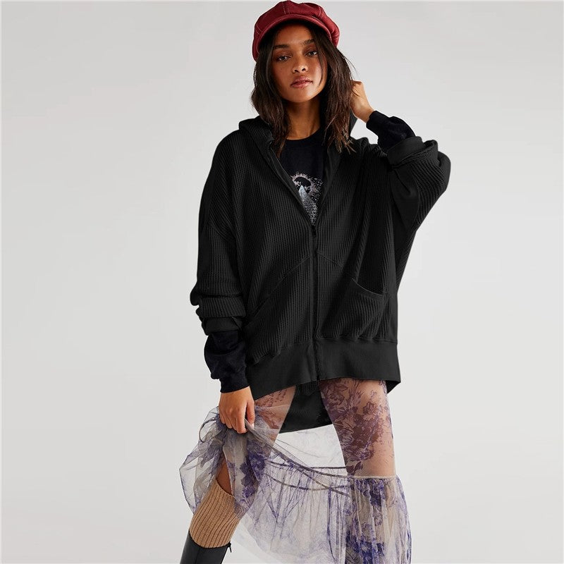 Women's Solid Zip Waffle Design Hoodie Sweatshirt
