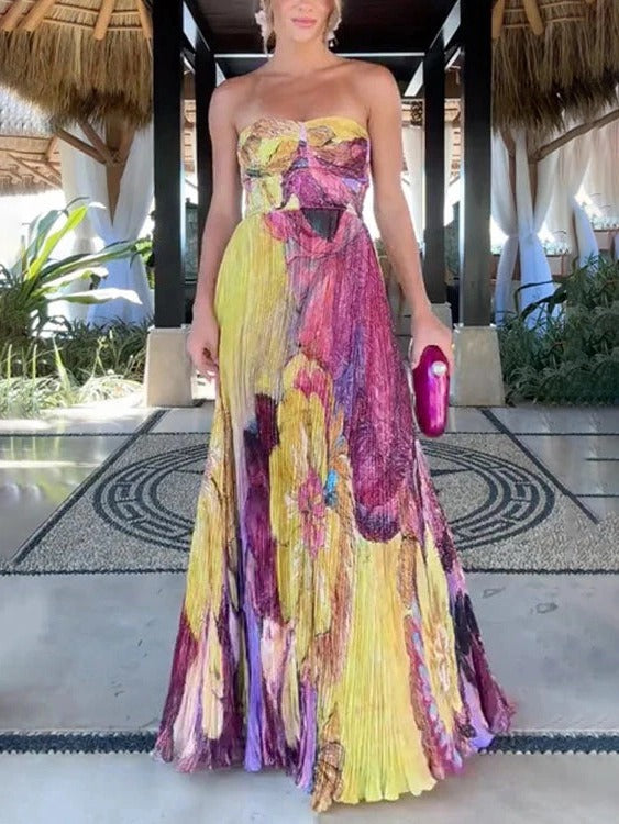 Spaghetti Strap Waisted Floral Print Swing Maxi Dress