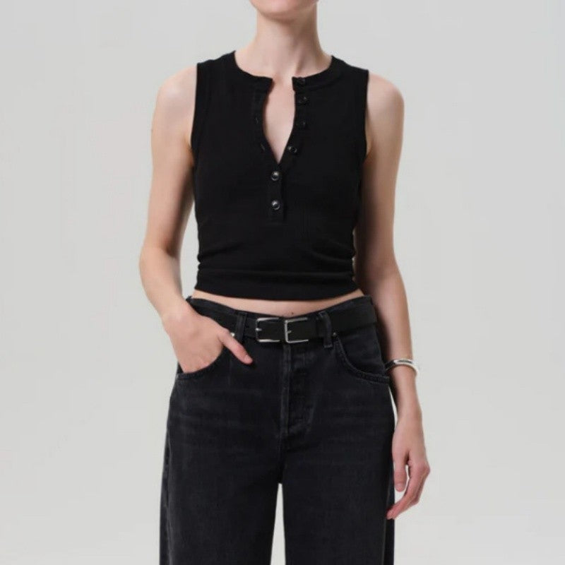 Round Neck Button Ribbed Sleeveless Vest