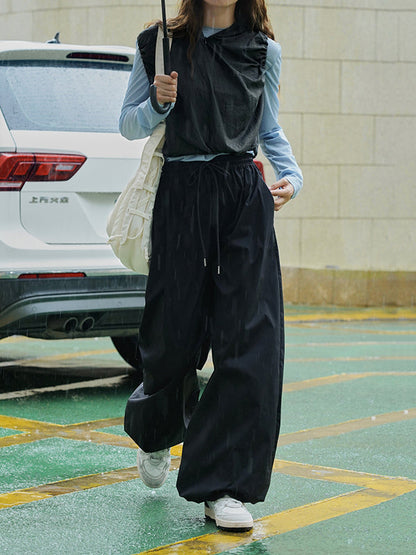 Loose Wide Leg Drawstring Elasticity Pleated Solid Color Split-Joint Casual Pants Bottoms