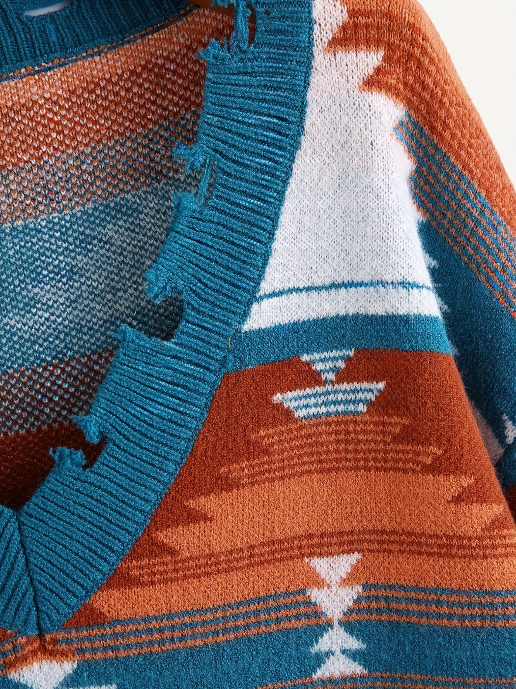 Crosa - Distressed Knit V-Neck Sweater with Geometric Patterns