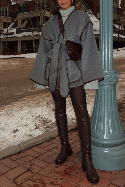 Open Front Pocketed Splice Coat with Belt