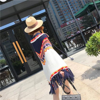 Folk Style Tassel Knit Shawl Cloak Sweater