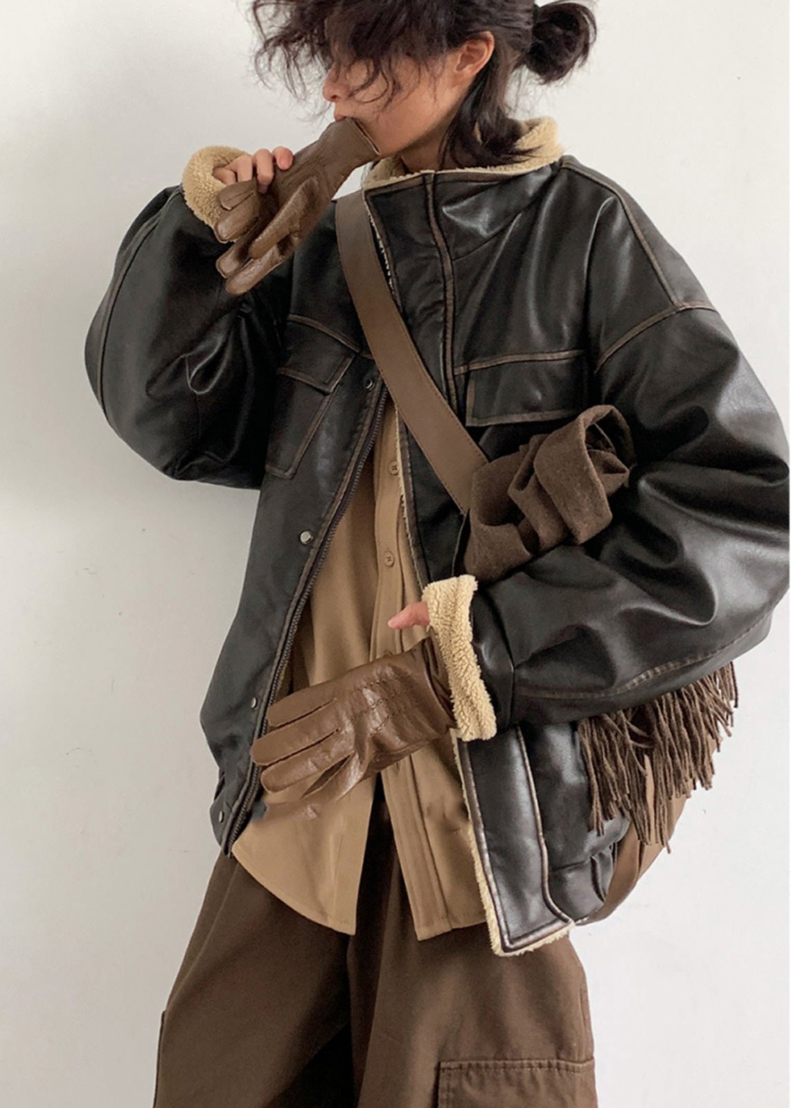 Leather Jacket With Lamb Fur Lining And Oversized Fit