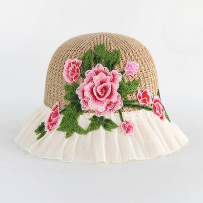 Ethnic Style Embroidery Flower Summer Visor White Brim Sun Hat Bucket Hat Sun Protection Knitted Hat