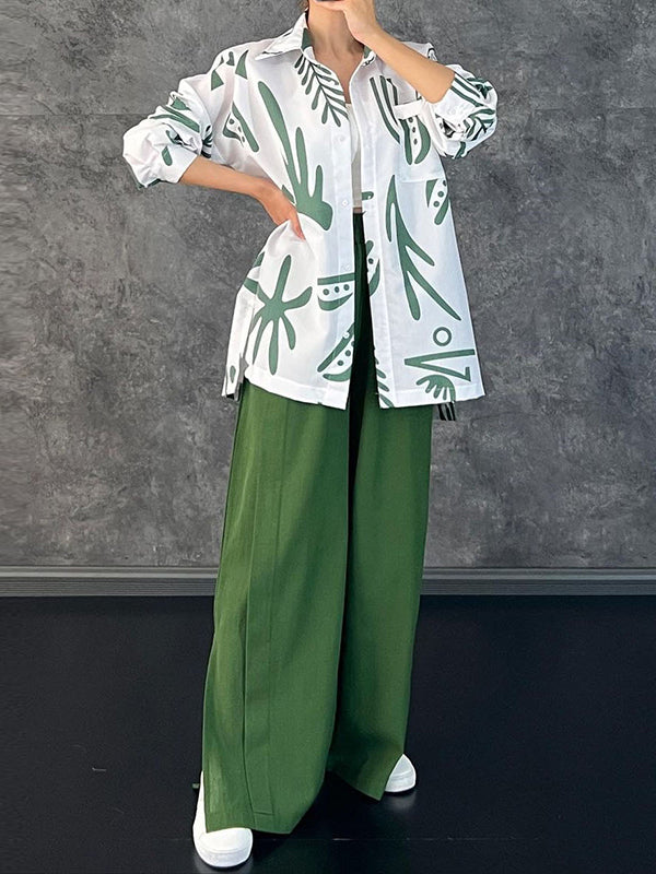 Lapel Printed High-Low Blouse+ Elasticity High Waisted Split-Side Pants Bottom Two Pieces Set