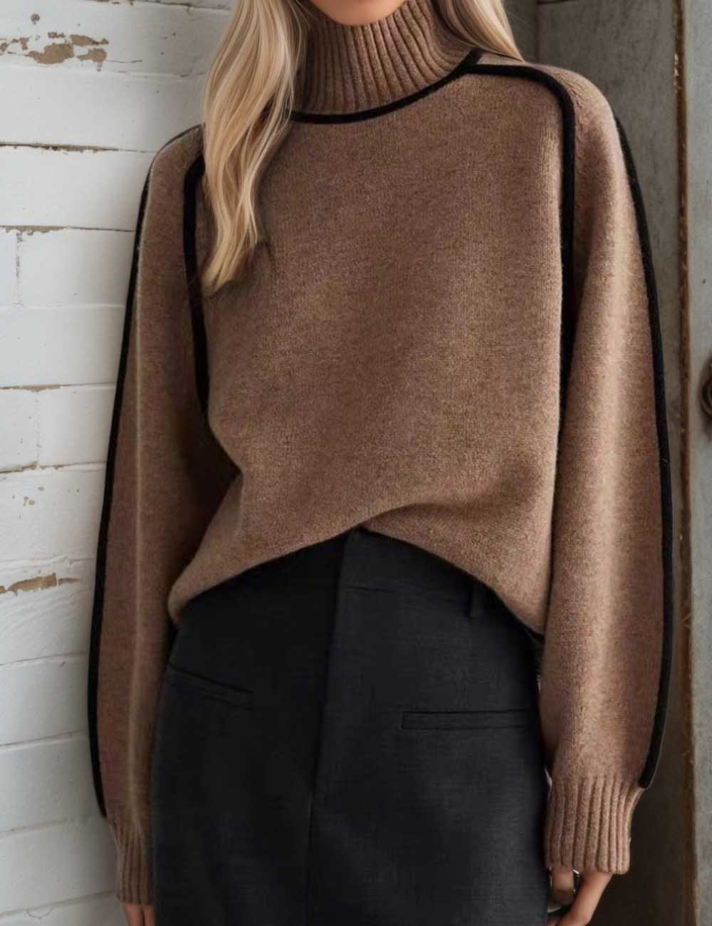 Elegant High Neck Ribbed Knit Sweater
