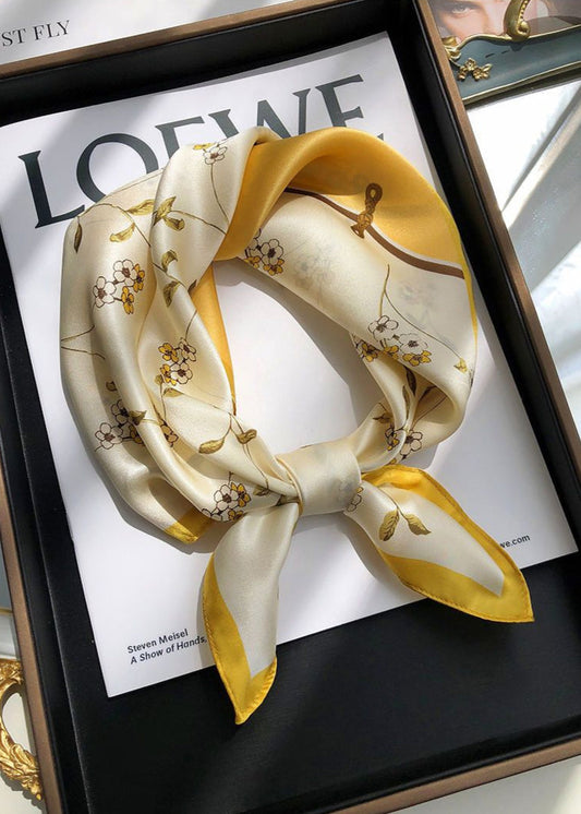 Floral Satin Polyester Square Scarf With Golden Border