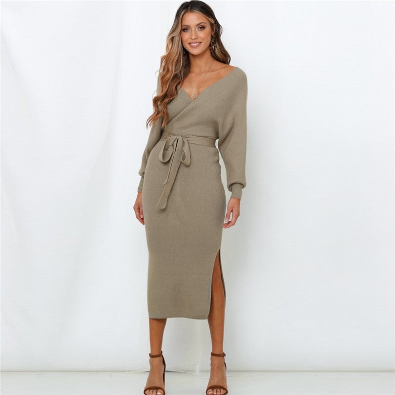 Knitted Slim Fit Lace Up V-Neck Balloon Sleeve Dress