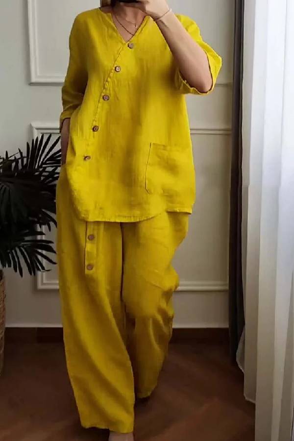 Solid Color Cotton And Linen Cropped Top \u0026 Wide Leg Pants Two-Piece Set