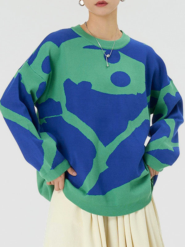 Long Sleeves Loose Contrast Color Velvet Round-Neck Pullovers Sweater Tops