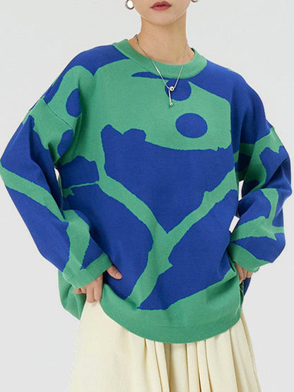 Long Sleeves Loose Contrast Color Velvet Round-Neck Pullovers Sweater Tops