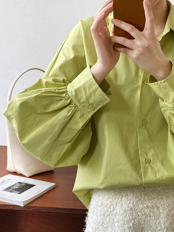Long Sleeves Loose Buttoned Pleated Solid Color Lapel Blouses&Shirts Tops