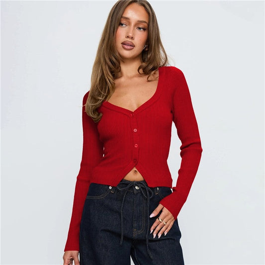 V Neck Long Sleeve Ribbed Button Cardigan