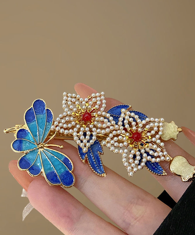 Vintage Blue Sterling Silver Overgild Pearl Cloisonne Floral Hairpin