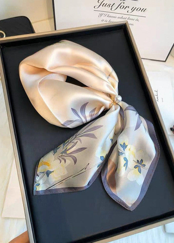 Satin Floral Square Scarf With Subtle Neutrals