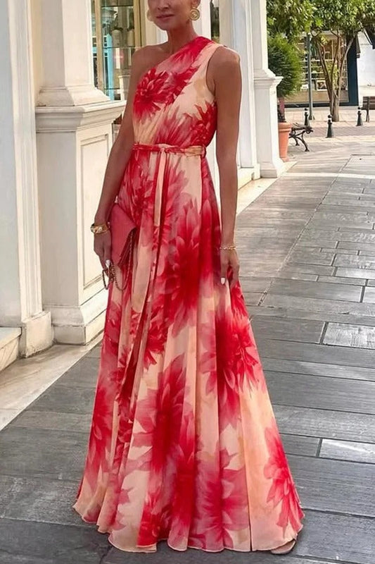 Floral Print One Shoulder Waist Tie Full Hem Resort Style Maxi Dress