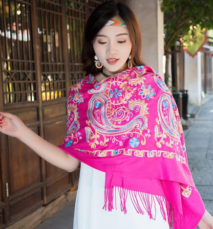 Tibetan And Nepal Embroidered Flower Imitation Cashmere Scarf For Women Outside With Sunscreen Air-Conditioning Shawl