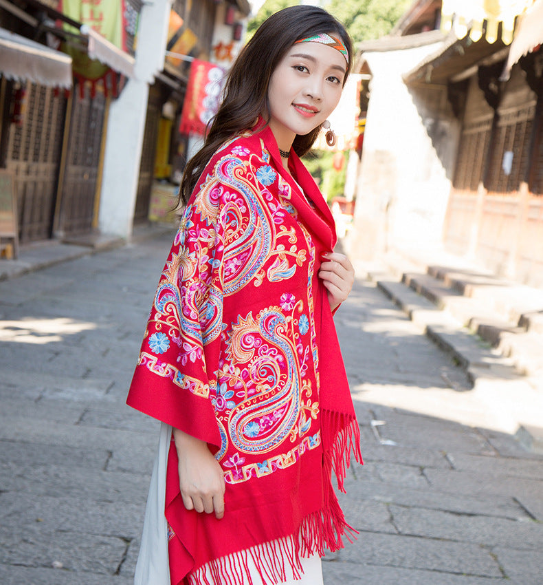 Tibetan And Nepal Embroidered Flower Imitation Cashmere Scarf For Women Outside With Sunscreen Air-Conditioning Shawl