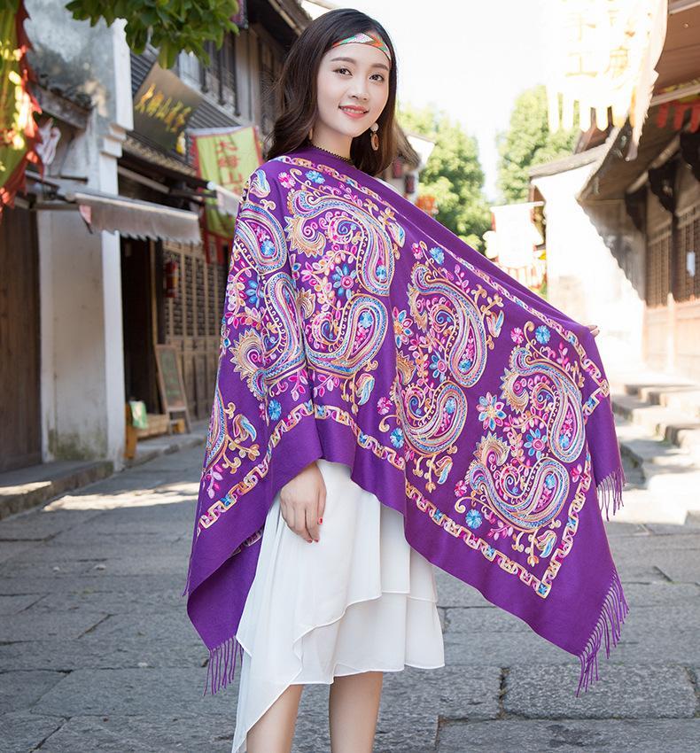 Tibetan And Nepal Embroidered Flower Imitation Cashmere Scarf For Women Outside With Sunscreen Air-Conditioning Shawl