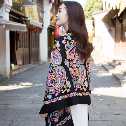 Tibetan And Nepal Embroidered Flower Imitation Cashmere Scarf For Women Outside With Sunscreen Air-Conditioning Shawl