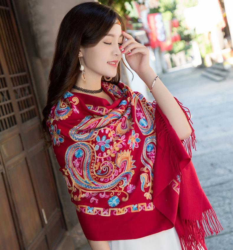 Tibetan And Nepal Embroidered Flower Imitation Cashmere Scarf For Women Outside With Sunscreen Air-Conditioning Shawl