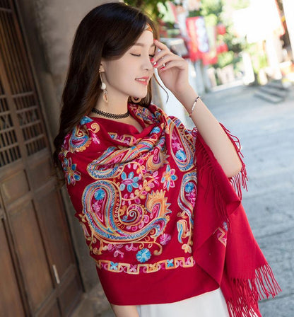 Tibetan And Nepal Embroidered Flower Imitation Cashmere Scarf For Women Outside With Sunscreen Air-Conditioning Shawl