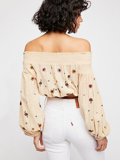 Embroidered Puff-Sleeves Blouses&Shirts Top
