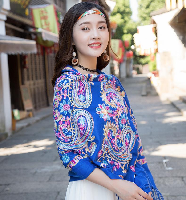 Tibetan And Nepal Embroidered Flower Imitation Cashmere Scarf For Women Outside With Sunscreen Air-Conditioning Shawl