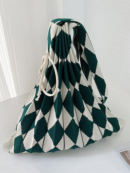 Contrast Color Drawstring Pleated Rhombus Woven Handbags