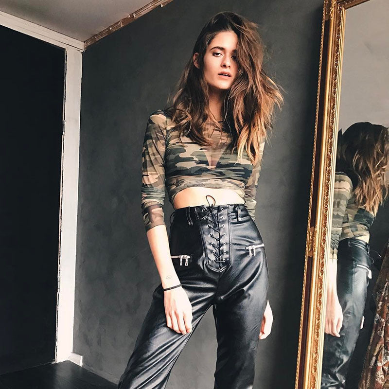 Women's Camouflage Mesh Long Sleeve T-Shirt Trendy Streetwear