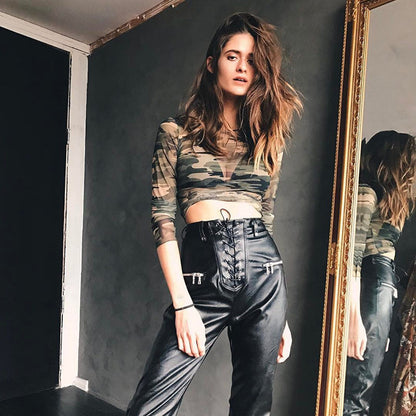 Women's Camouflage Mesh Long Sleeve T-Shirt Trendy Streetwear