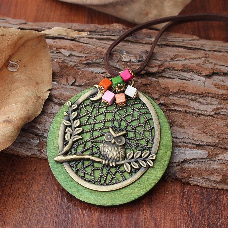 Owl Alloy Pendant With Jewelry Wooden Necklace Long Sweater Chain