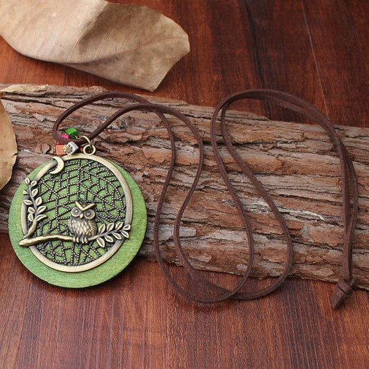 Owl Alloy Pendant With Jewelry Wooden Necklace Long Sweater Chain