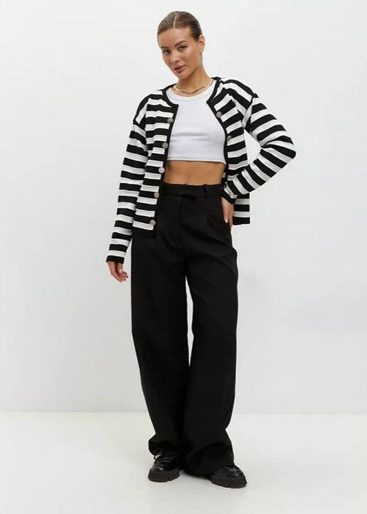 Button Up Knit Cardigan Black And White Stripes