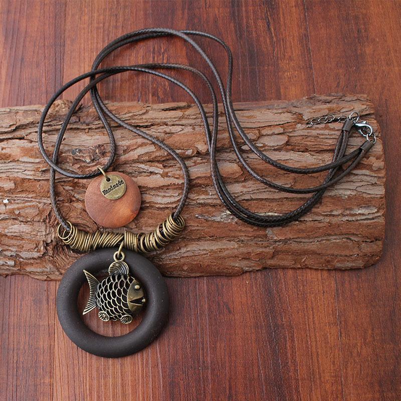 Hollow Fish Alloy Pendant Long Wax Rope Necklace Sweater Chain