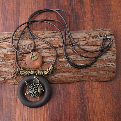 Hollow Fish Alloy Pendant Long Wax Rope Necklace Sweater Chain
