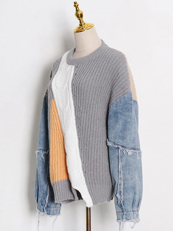 Stylish Denim Knitting Split-Joint Contrast Color Sweater Top