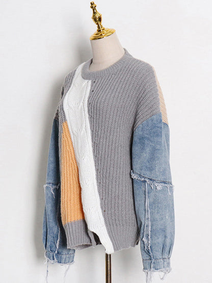 Stylish Denim Knitting Split-Joint Contrast Color Sweater Top