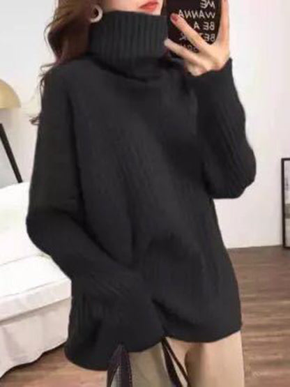 Casual Long Sleeves Loose Solid Color High-Neck Sweater Tops