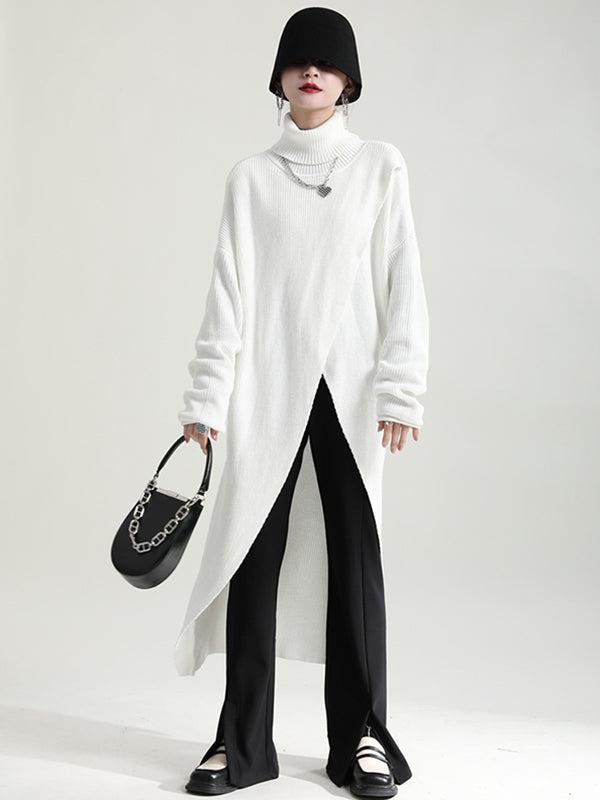 Original High-Low Asymmetric Knitting Dress High-Neck Sweater Dress