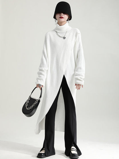 Original High-Low Asymmetric Knitting Dress High-Neck Sweater Dress