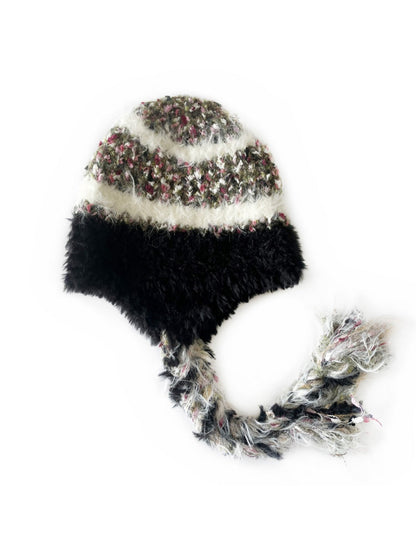 Haila - Minimalist Color-Block Knitted Beanie with Tassel Braids